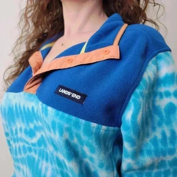 Land's End Tie Dye Ocean Blue Heritage Fleece Snap Neck Pullover Sweatshirt - L - Picture 6 of 7